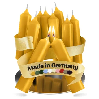 Kerzenfeld® 10 Stück, Kurze Stabkerzen Gelb, 100 x 22 mm, 2-fach getaucht, lange Brenndauer 4+ Stunden, echte Manufakturqualität aus Deutschland, RAL-Zertifiziert und tropffrei