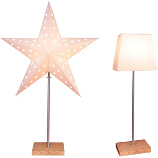 EGLO Tischlampe mit Wechselschirm, 3D Papierstern Weihnachten oder eckiger Lampenschirm in Weiß mit Fuß aus Holz und Metall, Dekostern Tischleuchte mit Kabelschalter, E14, Höhe 65 cm