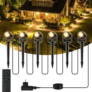 MAGGIFT Spotlight LED Gartenbeleuchtung mit Strom mit Fernbedienung/Timer/3 Lichtmodi,20M/6er Set Strahler Außen 2700K,Wasserdicht IP67 Gartenstrahler Led Außen,12W 24V Gartenlampen für Draußen