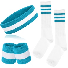 ONUPGO 5-teiliges gestreiftes Schweißband und Socken-Set, gestreiftes Stirnband, Schweißbänder, gestreifte hohe Socken für Männer, Frauen, Sport und 80er-Party (Sky Blue/White/Sky Blue)