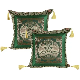 Stylo Culture Indische Dekorativ Brokat Seide Couch Kissenbezüge 45x45 cm Dunkelgrün Dekokissen Jacquard Quasten Schlafzimmer Sofa Kissen Bezüge Elefant Quadrat Reißverschluss Kissenhullen - 2 STK.