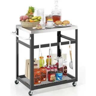 COSTWAY 2-stöckiger Grillwagen mit Rädern, Griff und 4 Haken, Mehrzweckwagen, Arbeitstisch Edelstahl - Silber