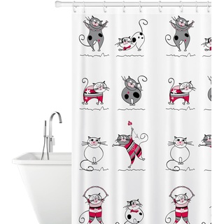 Tatkraft Funny Cats Duschvorhang Textil aus Polyester, Wasserabweisend und Waschbar, Badvorhang mit 12 Vorhangringe, 180x180cm