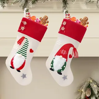 2 Groß Nikolausstiefel, Weihnachtssocken mit Plüsch Wichtel, Weihnachtsstrümpfe als Weihnachtsdeko, Weihnachtsstrumpf Personalisiert, Nikolaussocken zum Befüllen, 45 * 25cm