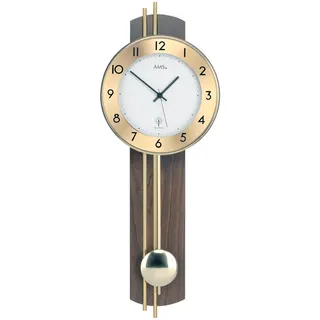 AMS 5266/1 Wanduhr - mit Funkpendelwerk, Elegante Funkpendeluhr, Uhr mit Pendel, Funkwanduhr mit arabischen Ziffern, Mineralglas, Pendeluhr für Wohnzimmer & Büro, Nussbaumoptik, Maße: 22 x 62 x 8 cm
