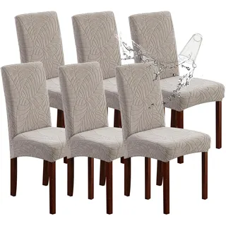 Genina wasserdichte Stuhlhussen für Esszimmer, Stretch-Jacquard-Esszimmerstuhlhussen, abnehmbar, waschbar, Stuhlschoner für Küche, Hotel, Restaurant (Blätter-warmes Grau, 6 Stück)