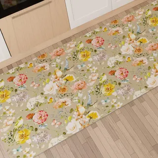 PETTI Artigiani Italiani - Küchenteppich Läufer Küchenläufer rutschfest und waschbar 52 x 440 cm Blumenmuster 06 Taupe 100% Made in Italy