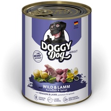 DOGGY Dog Paté Wild & Lamm, 6 x 800 g, Nassfutter für Hunde, getreidefreies Hundefutter mit Lachsöl und Grünlippmuschel, Alleinfuttermittel mit Spinat und Kartoffeln, Made in Germany