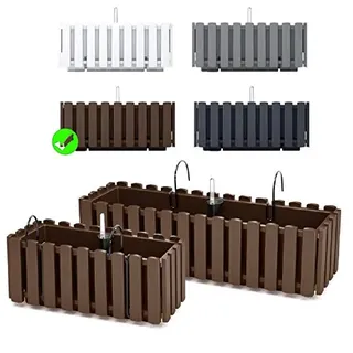 Blumenkasten Blumentopf Balkonkasten Latten-Optik mit Halterungen Wasserspeicher Pflanzkasten Pflanzgefäß inkl. Aufhängung Lattenzaun-Design (580 Braun)