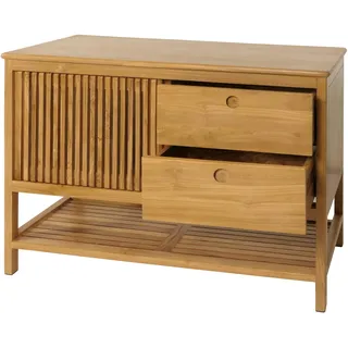 Mendler Teak-Kommode HWC-M70, Sideboard, Schiebetüre Schubladen, hochwertiges B-Grade-Teak (Kernholz, 20-30 Jahre), 81x106x55cm