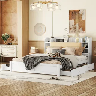 Flieks Doppelbett Jugendbett 180x200cm mit 4 Schubladen, Stauraumbett mit Lattenrost, Klassisches Bett Holzbett mit Ablagen, Weiß - Weiß