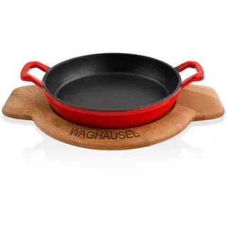 Sallys Gusseisen - Servierpfanne rund Ø 20 cm - mit Echtholzuntersetzer - Tomatenrot