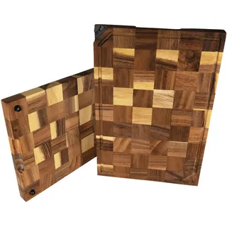 Holzschneidebrett aus massiver Akazie mit integriertem Messerschärfer (45x30x3cm) - Schneidebrett Holz mit einzigartiger Optik durch Stirnholz - Schneidebrett mit durchgehender Saftrille