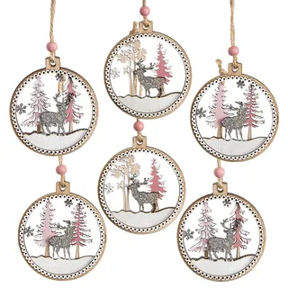 Logbuch-Verlag 6 Weihnachtsbaumanhänger Christbaumkugeln aus Holz flach rosa weiß Winterlandschaft Weihnachtsdekoration Ø 6,5 cm