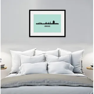 Bild QUEENCE "München Skyline", blau (farbe rahmen: schwarz, farbe bild(er): blau), B:70cm H:50cm, Acrylglas, Holz, Papier, Bilder, Bild, HD Premium Poster-Druck inkl. Holzrahmen