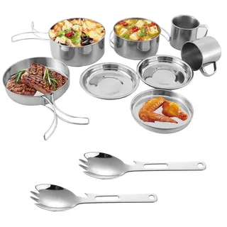 10 Stück Outdoor Geschirr Set, Edelstahl Kochtopf Camping Kochgeschirr Kit für 1-2 Personen, Leicht Tragbar Edelstahl Töpfe und Pfannen Set für Outdoor Camping Picknick Zubehör, Silber