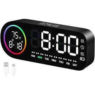 Vinabo Digitaler LED-Wecker mit 7 Farben – Digitaluhr mit Temperaturanzeige, 5 Helligkeitsstufen, doppelter Alarm, Snooze, USB, 12/24 Stunden – beleuchteter Wecker für Kinder & Erwachsene (schwarz)