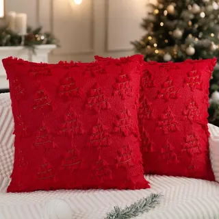 Miaikoe Weihnachtskissenbezüge 40x40 cm 2er Set Dekorative Wollkissenbezug Weiches Plüsch Fälschungsfell Weihnachtsbaum Goldene Linien für Feiertage Winter Wohnzimmer Sofa Rot