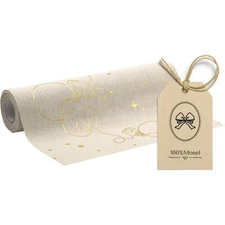 100%Mosel Tischläufer Leinenoptik Natur, Christbaumkugeln in Gold, (28 cm x 5 m), Tischband, edle Tischdeko für Weihnachten & Adventszeit, Festliche Dekoration zu besonderen Anlässen