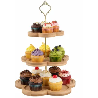 Etagere 3 Etagen, Cupcake Ständer mit Metallgriff, Tortenständer Holz, Obst Etagere 3 Stöckig, Kuchenständer Kuchenplatte, Servierständer Rund, Buffet Zubehör für Nachmittagstee Hochzeit Geburtstag