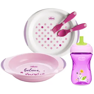 Chicco Baby Geschirr Set, Baby Geschirrset für Essen und Babynahrung, besteht aus 1 x Becher "Advanced Cup", 1 x flachem & tiefem Teller, erstem Baby Besteck, 12M+, rosa