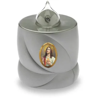 AROBA 2x LED Grabkerze Trauerlicht - Flackereffekt wie echte Kerze - lange Brenndauer bis 200 Tage - wiederverwendbar Friedhofskerze Gedenkkerze Dauerkerze - silber Jesus