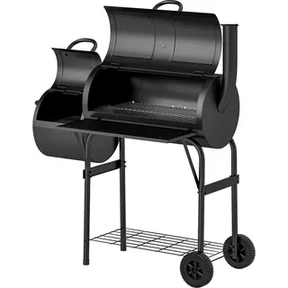 Fortuna Lai Holzkohlegrill aus Stahl BBQ Smoker mit Deckel Thermometer Räder Ablage fahrbar Grillwagen mit Luftzufuhr Kohlewanne, Kohlegrill Kohlegrillwagen für Barbeque Camping, Garten 109x60x120 cm - Schwarz