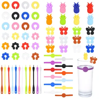 DecorDwell 68 Stück Glas Markierung, Bunte Glasmarker Silikon, Wiederverwendbarer Glas Kennzeichnung für Weinglas Tassen Trinkglas, Glasmarkierer für Halloween und Weihnachtsfeiern, 6 Formen