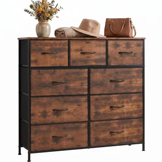 DUMOS Kommode mit Schubladen - Kommoden & Sideboards für Schlafzimmer Geeignet, Komodenschrank mit 9 Schubladen, Stoffkommode mit Stahlrahmen, Schrank Klein, Ideal für Flur, Wohnzimmer (Vintagebraun)