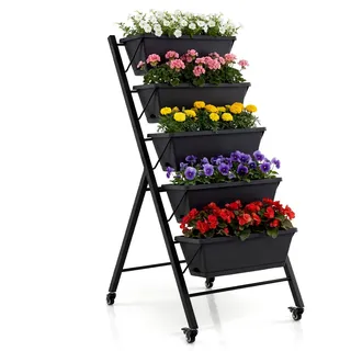 COSTWAY Vertikales Hochbeet 5 Etagen, Vertikalbeet mit Rollen & Pflanzkästen, Blumenbeet Metall, Blumenkasten Blumentreppe Garten 57x68x117cm - Schwarz