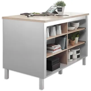 BILBERRY Kücheninsel Kochinsel Eiche Sonoma Weiß 138 x 85 x 75 cm (B/H/T) | Freistehende Kücheninsel mit Arbeitsplatte, geräumig mit viel Stauraum und offenen Fächern, moderne Optik, für die Küche