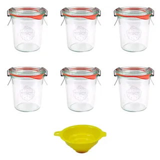 Viva Haushaltswaren - 6 x kleines Weckglas/Einmachglas 140 ml mit Deckel in Sturzform, leeres Rundrandglas zum Einkochen - als Marmeladenglas, Dessertglas (inkl. Klammern, Ringen & Trichter)
