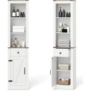 COSTWAY Badezimmerschrank schmal, Badschrank Hochschrank mit Schublade & verstellbarem Regal, Aufbewahrungsschrank Holz, 40 x 24 x 173cm - Weiß