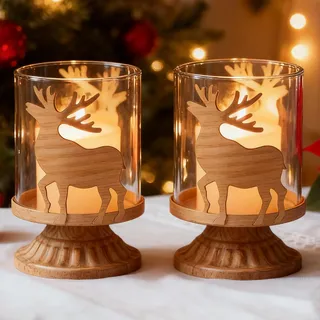 Hirsch Kerzenhalter Weihnachten 2er Set – Vintage Kerzenständer mit Glas Teelichthalter für Weihnachtsdeko, Winterdeko & Tischdeko Wohnzimmer, Rentier Windlicht Geschenkidee