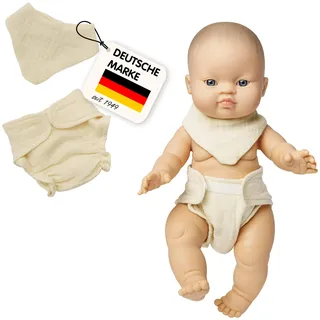 Heless 4201 - Puppenkleidung aus Musselin, 100% Bio-Baumwolle, 2-teiliges Set mit Stoffwindel und Lätzchen in Ecru für Puppen und Kuscheltiere der Größe 28-35 cm