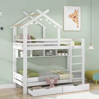 Merax Etagenbett 90x200cm mit Schubladen und Regalen, Hochbett mit Rausfallschutz und Lattenrost, Kinderbett mit Dach, Massivholzbett Hausbett, Weiß - Weiß