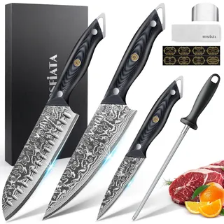 MOSFiATA Messerset Damastmesser Set 3-tlg Damast Küchenmesser mit G10 Griff & Wetzstahl