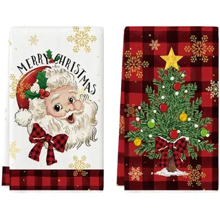 Artoid Mode Baum Weihnachtsmann Büffelkaro Weihnachten Küchentücher Geschirrtücher, 42x65 cm Saisonale Merry Christmas Dekoration Handtücher 2er Set