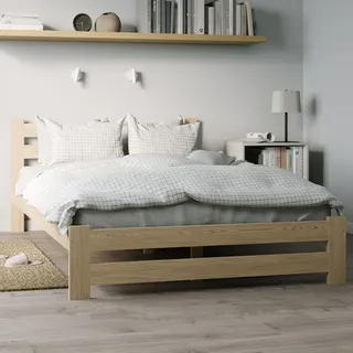 Holzbett 120x200 cm mit Lattenrost Modern Bett Bed Kiefer Massiv Bettgestell Doppelbett Massivholzbett Klassisch | Boho Landhaus Kopfteil hoch natur - Naturbelassen