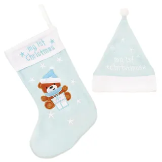 Mein Erster Weihnachtsstrumpf und Hut Set Mit Bestickt Bär Und Stars - Blau