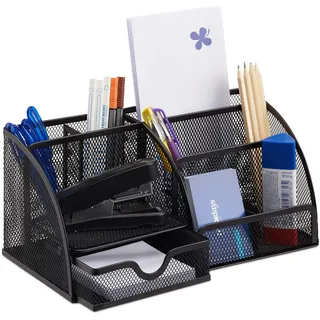 Relaxdays Schreibtischorganizer 6 Ablagen, kompakter Büroorganizer Metall, Schublade, Zettehalter, Stifteköcher, schwarz