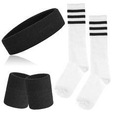 ONUPGO 5-teiliges gestreiftes Schweißband und Socken-Set, gestreiftes Stirnband, Schweißbänder, gestreifte hohe Socken für Männer, Frauen, Sport und 80er-Party (Black)