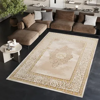 TAPISO Ares Teppich Kurzflor Glänzend Creme Braun Ornament 300 x 400 cm | Bordüre Barock Klassisch 3D Effekt Wohnzimmer Schlafzimmer OEKO-TEX