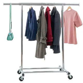 Tatkraft Danko Schwerlast Kleiderständer auf Rollen, bis 100 Kg, 1 Min Montage, Klappbar, ausziehbare Kleiderstange 91-132x45x160cm, Verchromt Stahl