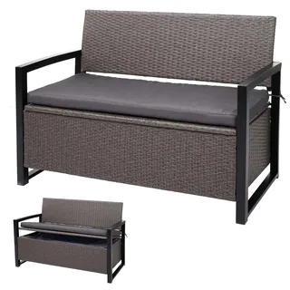 Mendler Poly-Rattan 2er Sitzbank HWC-F39, Gartenbank Truhenbank, Staufach Aufbewahrung Sitzkissen ~ grau-meliert, Kissen grau