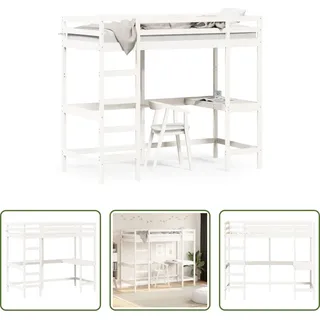 The Living Store Hochbett mit Schreibtisch Weiß 90x190 cm Massivholz Kiefer - Weiß