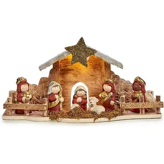 Krist+ Weihnachtskrippe, LED-Licht, 33 x 16 x 10,5 cm, Keramik, Rot, Holz, Braun, Weiß