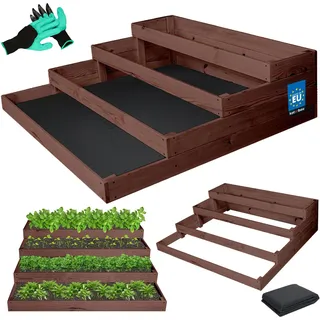 KOTARBAU® Treppen Hochbeet für Garten 120x120x36cm Stufenbeet mit 4 Etagen Handschuhe mit Krallen Vlies Kräuterbeet aus Kiefernholz Imprägniert Braun - Braun, Schwarz, Türkis