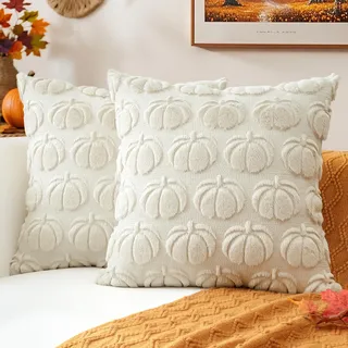 JOTOM 2er Set Kürbis Kissenbezüge, Plüsch Kurze Wolle Dekorativ Zierkissenbezüge Herbst Boho Kissenhüllen Sofakissen Moderne Kissenbezug Herbstdeko für Wohnzimmer Garten (60x60cm, Creme Beige)