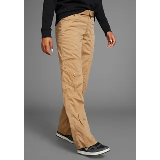 Cargohose KANGAROOS, Damen, Gr. 36, N-Gr, braun (camel), Web, Obermaterial: 50% Baumwolle, 46% Polyamid, 4% Elasthan, kontrastfarbene Details, unifarben, bequem bodenlang, Hosen Cargohose, mit besonderem Taschen-Design